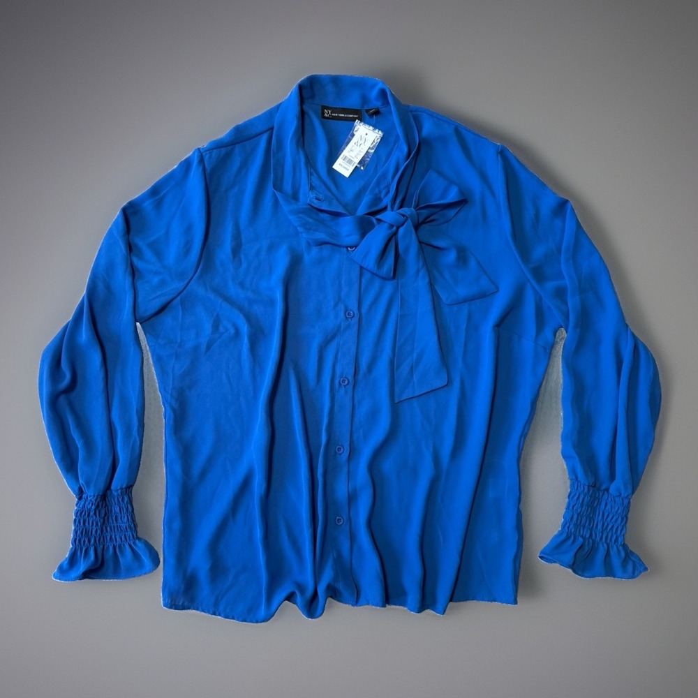 NWT New York & Company XXL‎ Royal Blue Tie Neck Blouse Long Sleeve Women's Top